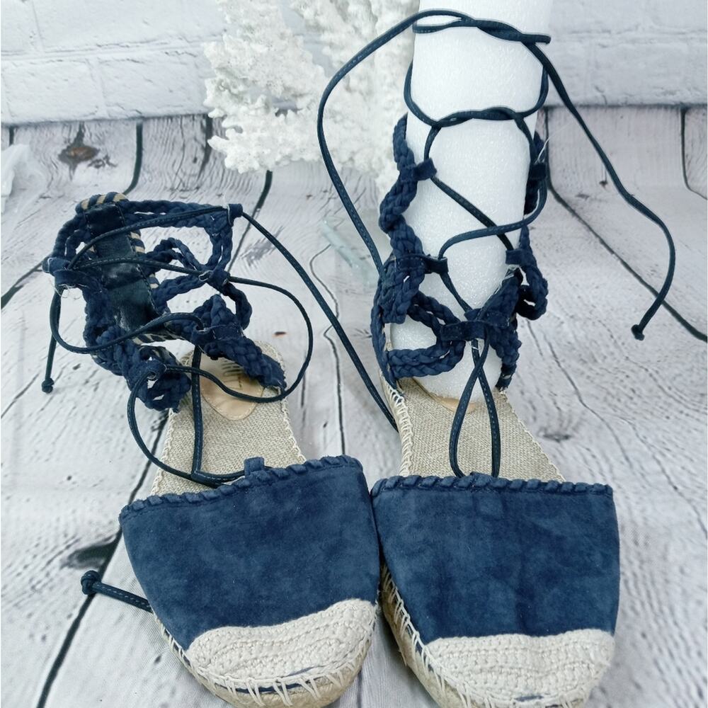 NWOT SCHUTZ Blue Kobi Suede Lace Up Espadrilles Gladiator Sandals Jute Sole 6.5